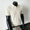 Camisa Polo Jacquard Hueco Estilo Old Money para Hombre de Manga Corta Verano Tejida Lino Tencel Transpirable Rayas Cuello Polo Camiseta