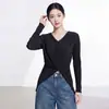 Elegante top de mujer para otoño 2026, nueva camiseta de manga larga plisada de alta gama para adelgazar cross-fit para mujer