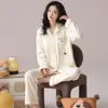 Algodão Puro Conjunto de Pijama Cardigan de Manga Longa Feminino, Roupa de Casa Cartoon, Estilo Simples, Gola Reversível, Outono Casual Novo Estilo