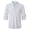 2024 Amazon Camisa Henley Masculina de Manga Longa com Cadarço e Decote em V Cor Sólida Algodão Linho Solta Casual Camisa de Colarinho Masculina