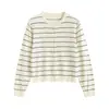 Cardigan de Tricô Listrado Color Block Macio e Elástico com Manga Longa Feminino Outono Novo Alto Senso de Inteligência Emagrecedor Roupa de Cima para o Trabalho Outerwear