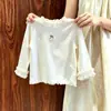 Camiseta de Menina para Primavera e Outono, Estilosa e Moderna, Gola Alta com Acabamento de Babado de Cereja Doce, Camada Base