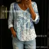 Nova camisa feminina de manga comprida com botões e gola V estampada transfronteiriça, elegante e estilosa para o trabalho, top casual único e moderno