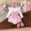 Estilo Europeo y Americano Primavera Nuevo Moño Mameluco Blanco Rosa Lindo Hinchado Vestido de Princesa Conjunto de Ropa para Bebé