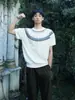 Camiseta de Verano de Manga Corta para Hombre Estilo Americano Vintage de Punto Fair Isle de Corte Limpio Top de Hombro de Gama Alta