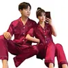 Pijama corto de manga corta para pareja de primavera y otoño al por mayor para hombre y mujer, seda helada, color liso, imitación de seda, se puede usar como ropa de casa o traje