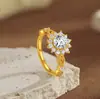 Anillo de Corazón con Rayos Estrellados Chapado en Oro Vietnamita Cepillado, Anillo de Girasol de Alta Gama para Mujer, Joyería Elegante de Flor Gesang
