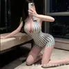 Lingerie sexy para mulheres com decote V profundo, costas reveladoras, estampa listrada, entreaberta, pura e sedutora, fácil de remover, conjunto de peça única doce e picante