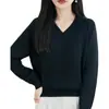 Suéter de malha 100% algodão puro, macio e confortável, com decote V para mulheres, corte casual solto, anti-pilling, peça básica simples, grosso