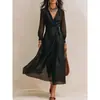 Comércio Exterior Transfronteiriço da Amazon Vestido-camisa elegante francês preto de manga longa com efeito de afinar a cintura em malha para mulheres