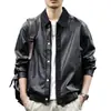 Chaqueta de Cuero Estilo Old Money Retro de Gama Alta para Hombre Otoño Patchwork Solapa Holgada Chaqueta Abrigo
