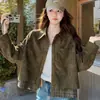 Chaqueta Corta Retro de Gamuza Color Verde Militar para Mujer Otoño Petite Casual con Diseño de Retazos a Cuadros Top