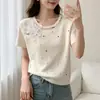 Top de punto de manga corta con bloques de color y patrón de diamantes estilo academia, top de verano dulce y versátil, jersey juvenil estilo coreano