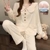 Pijamas de Primavera e Outono Feminino Tricotado Crepe Manga Longa Gola de Boneca Cardigã Bojo Fixo Casual Fofo Solto Roupa de Casa