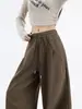 Pantalones Deportivos Caqui para Mujer 2026 Otoño Invierno Simples Plisados Casuales Cintura Elástica Pierna Recta Comodidad Pierna Ancha Pantalones de Chándal Deportivos