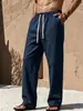 Verão 2026 Novo Conjunto Masculino de Algodão e Linho com Manga Curta e Calça Longa, Solto e Respirável, Design Casual com Cordão, Estilo para Férias na Praia