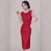 Vestido de Fiesta Rojo Simple Fragante Estilo Festivo para Brindar Vestido de Mujer Transfronterizo Damas Famosas Plisado Banquete Boda Falda Dividida Vestido Vestido