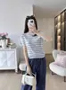 ¡Mismo estilo que en la tienda! Camiseta de punto fino para mujer, fresca y ligera, con rayas, cuello redondo y manga corta, 26 Verano H062512