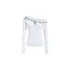 Camiseta Assimétrica com Ombro à Mostra Estampa de Letras Manga Longa 2026 Nova Coleção Primavera/Verão Estilo Gótico Escuro Slim Fit Casual