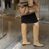 Botas femininas de cano alto com salto grosso e bico quadrado em estilo retrô, feitas de couro bovino de primeira qualidade, emagrecimento e versáteis para o inverno.