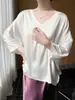 Top de Satén Suave y Fluido con Siete Mangas, Refrescante y Crujiente, de Cuello en V, Corte Básico Adelgazante, Estilo Perezoso Diario para Primavera-Verano