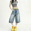 Shorts de Mezclilla con Bordado de Estrella Estilo Americano Calle Principal Versátiles de Verano de Marca de Moda Pantalones Cropped Casuales Resistentes Pantalones de Largo Medio Holgados Lavados