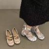 Sapatos Bailarina Mary Jane Versátil de Bico Redondo e Decote Baixo 2025 Novo Verão Francês Salto Grosso Delicado Sapatos Solteiros Franceses