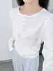 Foto Real de Camiseta Blanca de Algodón de Bambú con Cuello Henry de Manga Larga para Mujer, Ropa Interior Holgada y Cómoda, Camiseta Básica de Cuello Redondo para Otoño e Invierno
