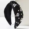 Diadema Estilo Coreano con Perlas y Ojo de Diablo Redondo, Diadema Ancha de Tela Nudada, Accesorio para el Cabello para Mujeres