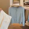 Cárdigan de punto de manga larga con cuello de encaje azul muy bonito para mujer, estilo otoño, suave y juvenil, prenda exterior versátil y a la moda