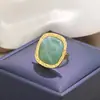 Joia Cruzada Europeia e Americana, Anel Aberto Quadrado com Pedra Preciosa Degradê Estilo Vintage, Design Ins Anel Olho de Gato
