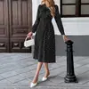 Comercio Exterior Transfronterizo Otoño 2025 Nuevo Elegante Vestido Retro de Longitud Media con Cuello de Lazo, Mangas Largas, Cintura Ajustada y Lunares