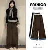 Pantalones de Cuadros Color Café de Pierna Ancha para Mujer, Nuevo Estilo Primavera y Otoño 2025, de Tiro Alto, Holgados, Casuales, con Caída, Pantalones Rectos de Alta Gama