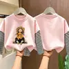 Camiseta de algodão puro de manga longa para meninas, estilo primavera e outono, corte solto, blusa base estilo duas peças falsas, gola redonda estilosa para meninas