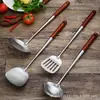 Conjunto de Utensílios de Cozinha de Aço Inoxidável 304 com Cabo Longo de Madeira, Incluindo Espátula, Concha de Sopa, Espátula de Fritar, Colher de Cozinha, Cabo Longo, Antiescaldante, para Uso Doméstico