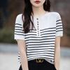 2024 moda verão estilo coreano laço listrado solto manga curta camiseta feminina cor de contraste meia gola aberta malha meia manga top feminino