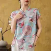 Nuevo top de satén estilo chino con fénix y peonías dorados para mujer, de verano, holgado, con mangas de murciélago, cuello redondo, blusa estampada de seda sintética