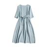 Vestido largo con cinturón de manga corta y cuello redondo elegante de lino puro liso con suministro para un solo invitado de día de exportación de comercio exterior 14