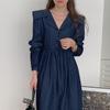En Stock Toma Real Retro Francés Cuello Marino Un Botón Holgado Corbata Vestido de Mezclilla Ops Nuevo Estilo para Mujeres