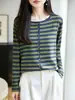 Cárdigan de punto a rayas estilo francés para mujer de principios de otoño, fino, cuello redondo, abotonado, adelgazante, versátil y con un estilo relajado y casual