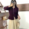 Suéter de Tricô Manga Longa Cor Sólida Gola V com Botões de Pérola de Fileira Única, Barra com Babados, Slim Fit, Estilo Francês, Preguiçoso