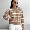 Novo suéter de tricô listrado estilo clássico americano, gola redonda, manga longa, adequado para usar por baixo ou por cima, suéter com blocos de cor para mulheres