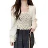 Camisa estilo francés de primavera y otoño, corte ajustado, dos piezas falsas para mujeres petite, dulce patchwork floral, diseño versátil de manga larga corta