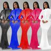 C6369 transfronterizo AliExpress Amazon moda europea y americana para mujer vestido de manga larga de malla con pedrería de color sólido