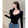 Dulce y picante camiseta básica con cordón otoño e invierno manga larga cuello en V corto top ajustado sexy comercio exterior Venta al por mayor