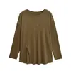 2603-26 Primavera Estilo Coreano Holgada Hombros Descubiertos Blusa Top Deportivo con Mangas Largas Curvas y Dobladillo con Abertura Camiseta Capa Base