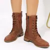 Comércio Exterior Transfronteiriço Botas Martin Bico Redondo Salto Baixo Zíper Lateral Salto Quadrado Tamanho Grande Meia-Canela Botas de Couro Estilo Cavaleiro Retro Feminino Amazon
