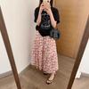 Verão 2025 Novo Coreano Dongdaemun Casual Versátil Estilo Pastoral Floral Algodão Penteado Bolso Midi Saia para Mulheres