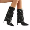Botas de Tacón Alto con Punta Negra hasta Media Pantorrilla para Mujer Estilo Europeo y Americano Decoración con Hebilla Metálica Botas Largas de Moda Versátiles Novedad Otoño e Invierno