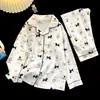Conjunto de Ropa para Casa con Cuello para Niños de Primavera y Otoño, Ropa Delgada con Aire Acondicionado para Niñas, Cárdigan de Manga Larga, Pijama de Algodón Nube Estilo Coreano para Mujer